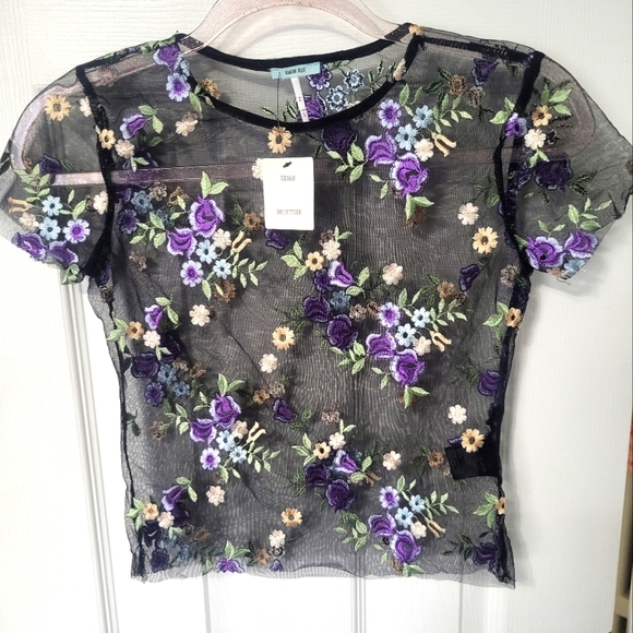 Urban outfitters beautiful black mesh sheer baby tee with floral embroidery XS - Picture 1 of 7